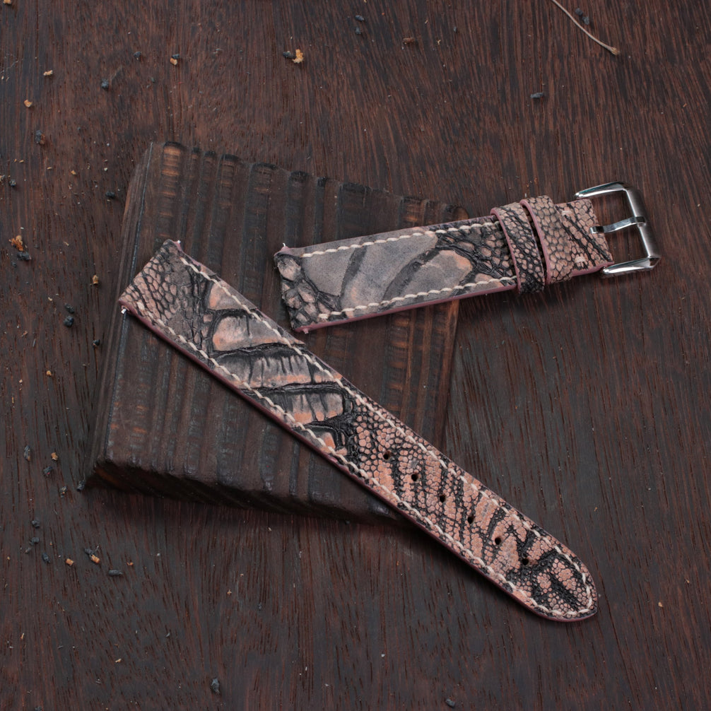 Vintage Rose Waxed Ostrich Leg Leather Watch Strap (Scaled)