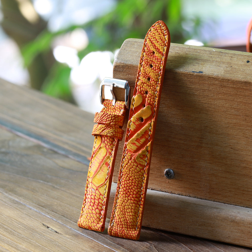 Orange Waxed Ostrich Leg Waxed Leather Watch Strap (Scaled)