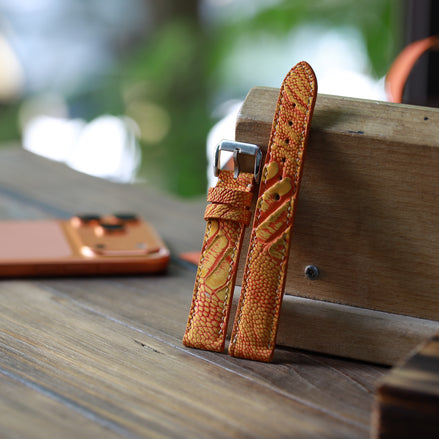 Handcrafted Ostrich Leather Watch Strap: Amber Flame Waxed by Tan