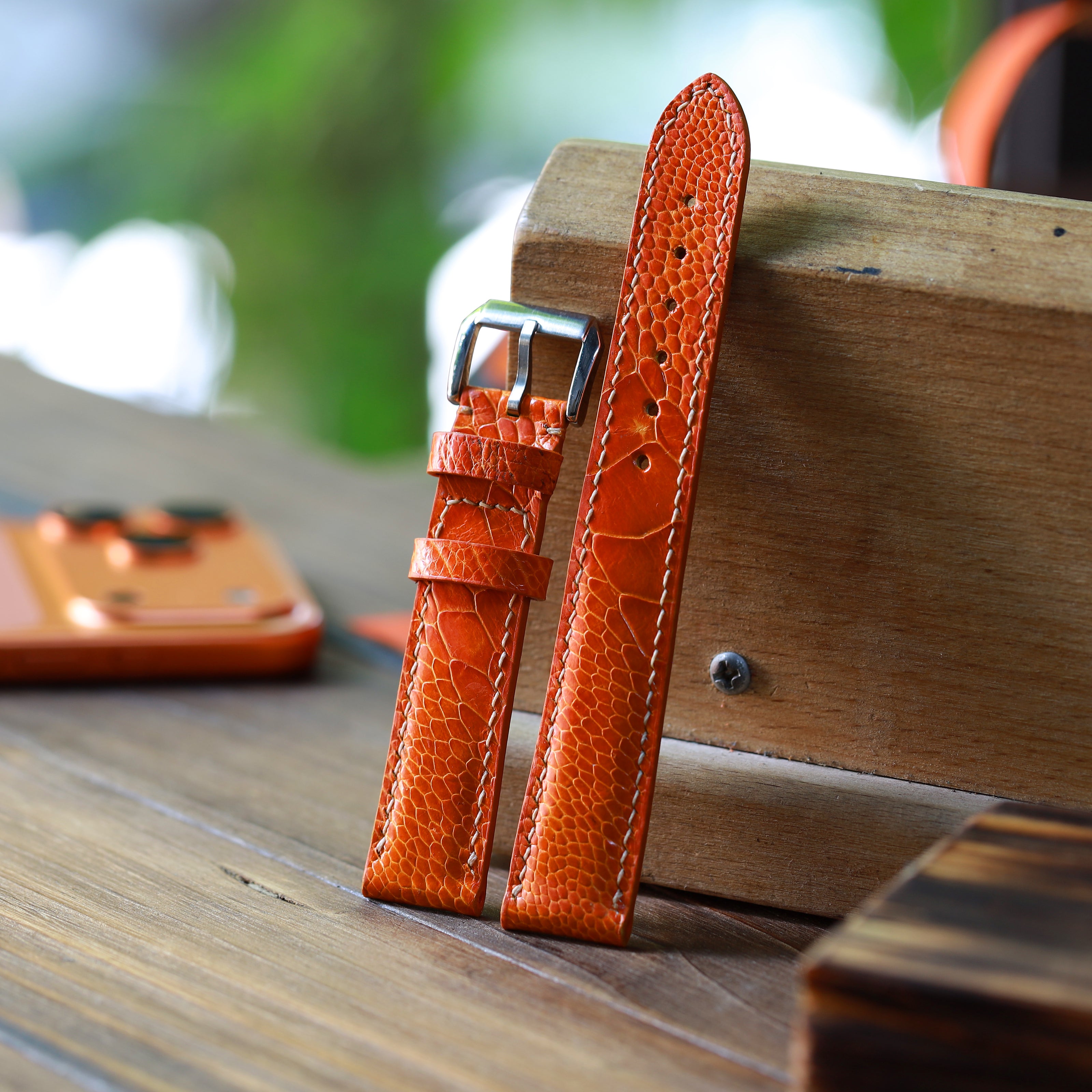 Orange Glossy Ostrich Leg Watch Strap (Scaled)