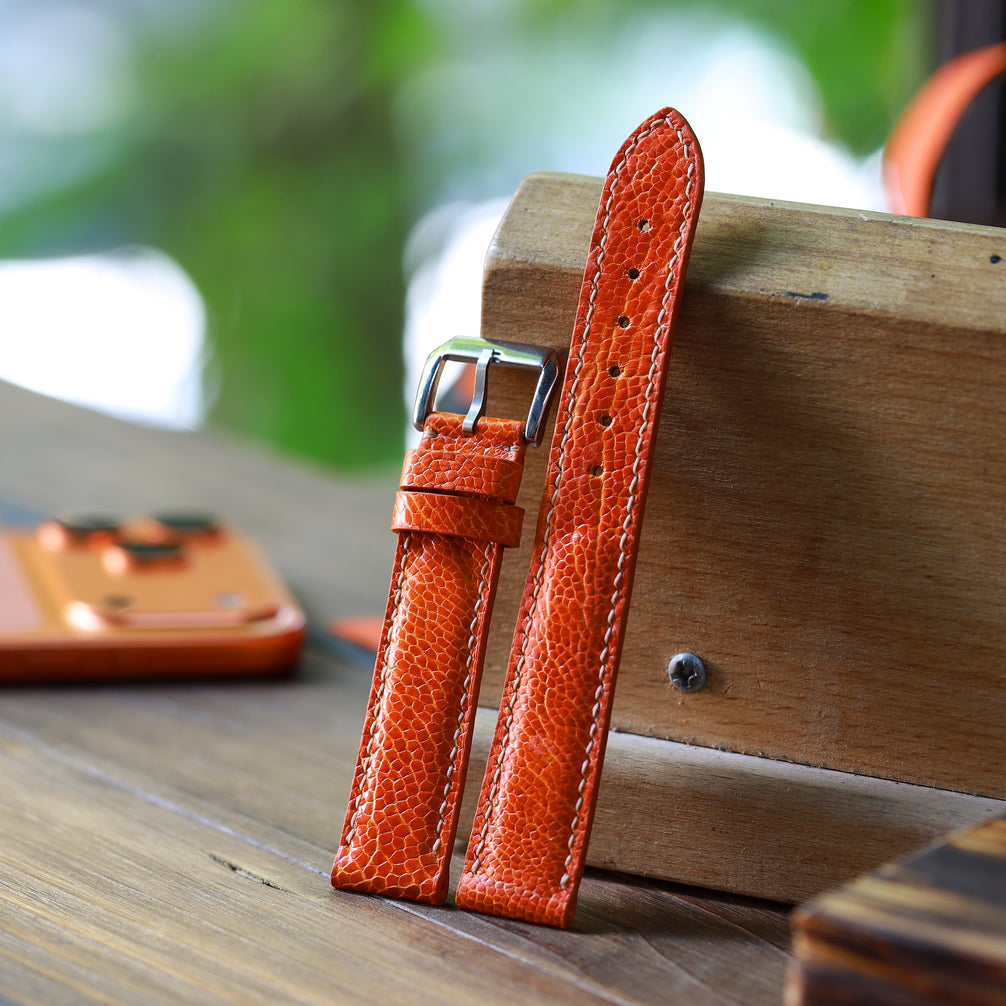 Orange Glossy Ostrich Leg Watch Strap (Smooth)