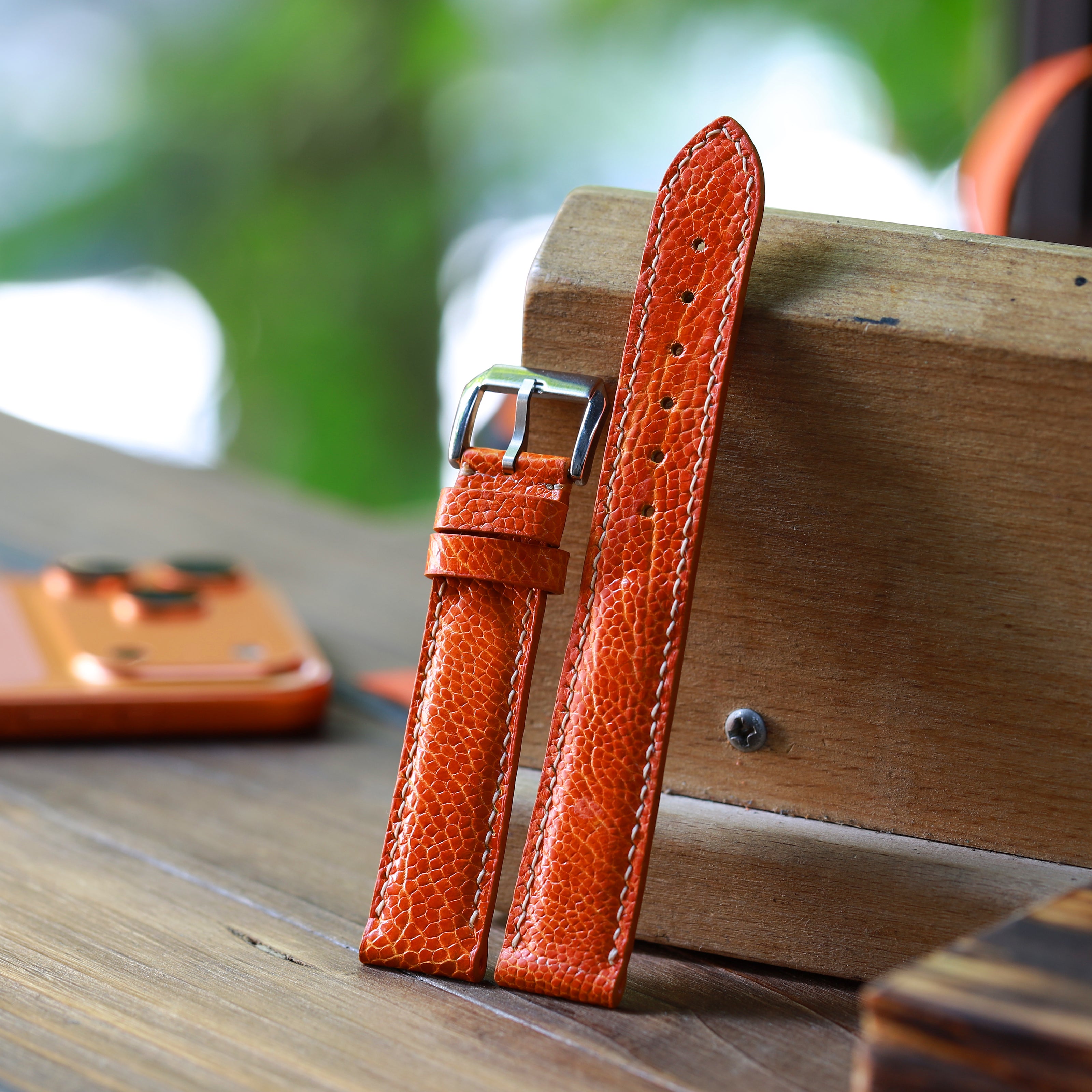 Orange Glossy Ostrich Leg Watch Strap (Smooth)