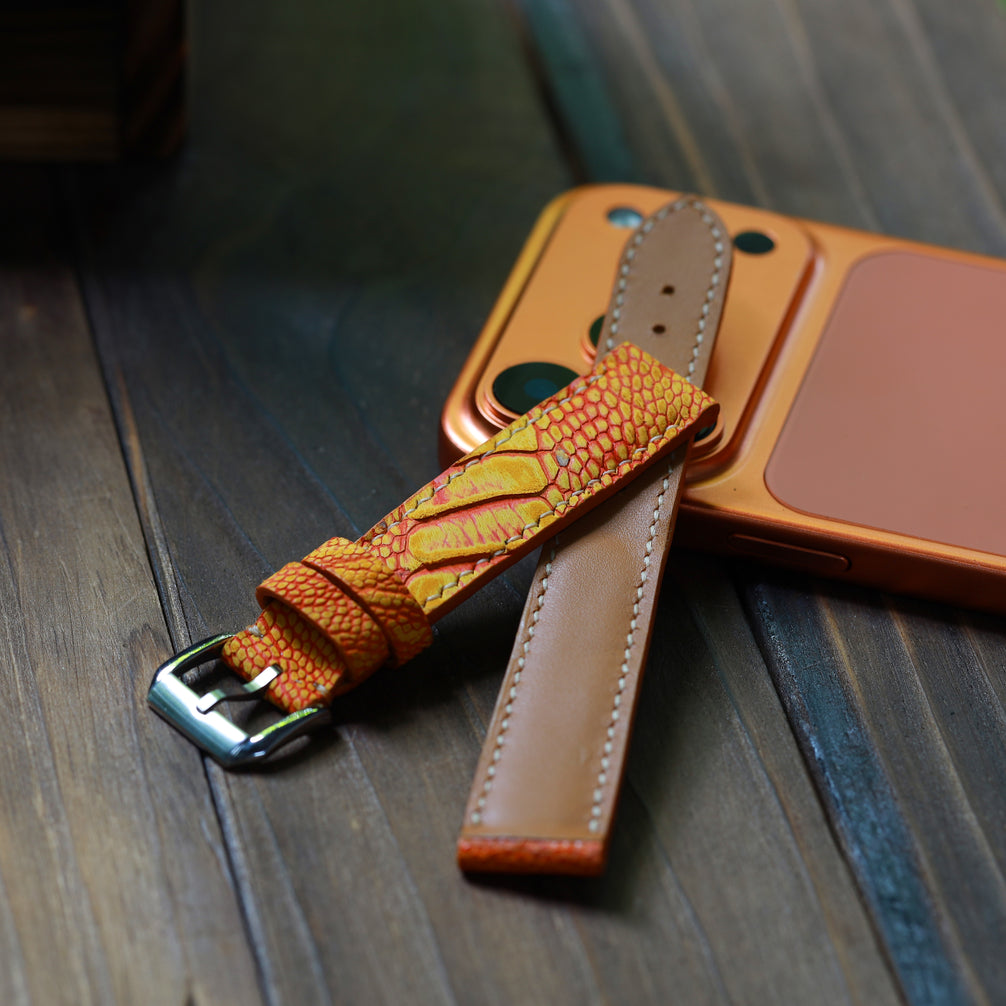Orange Waxed Ostrich Leg Waxed Leather Watch Strap (Scaled)