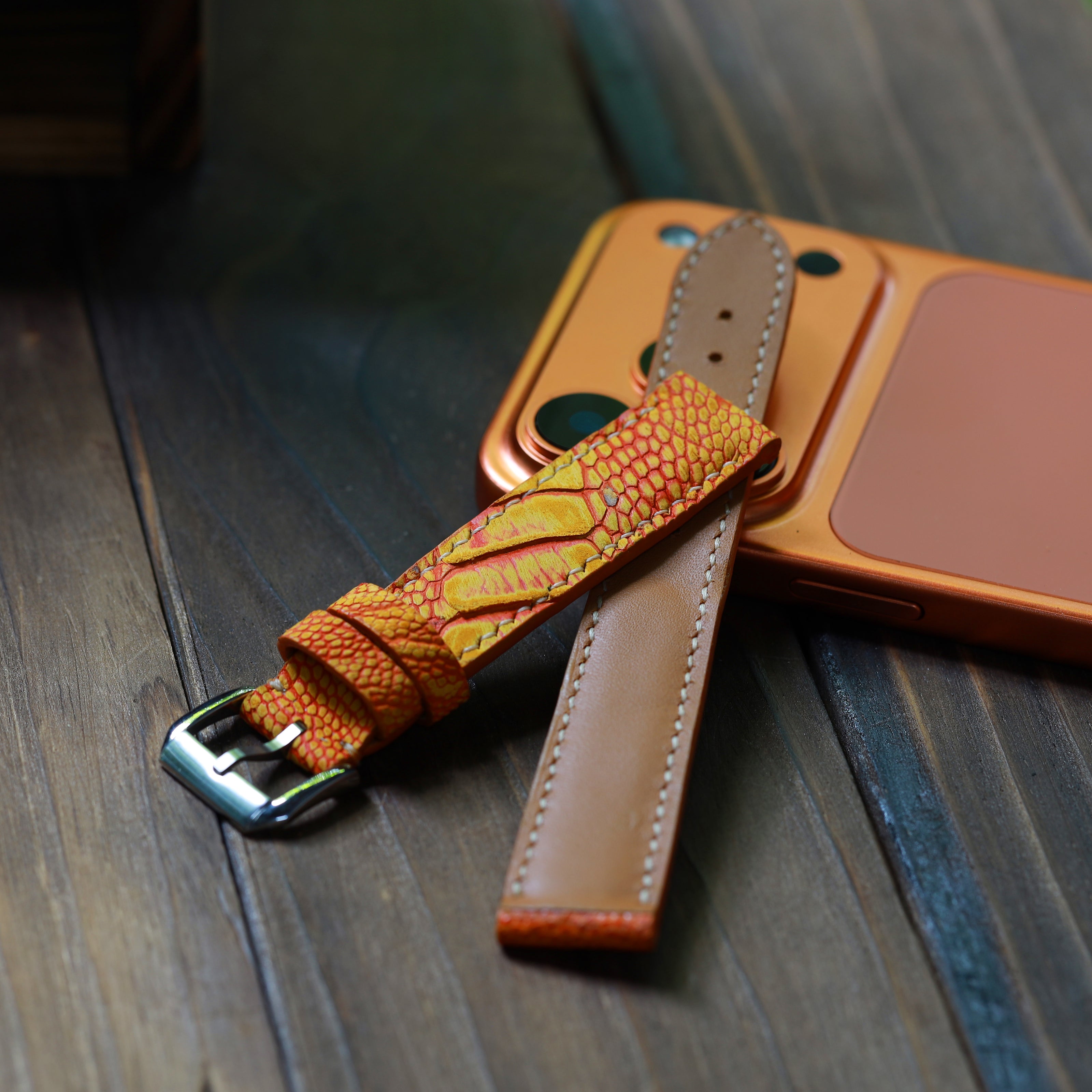 Orange Waxed Ostrich Leg Waxed Leather Watch Strap (Scaled)