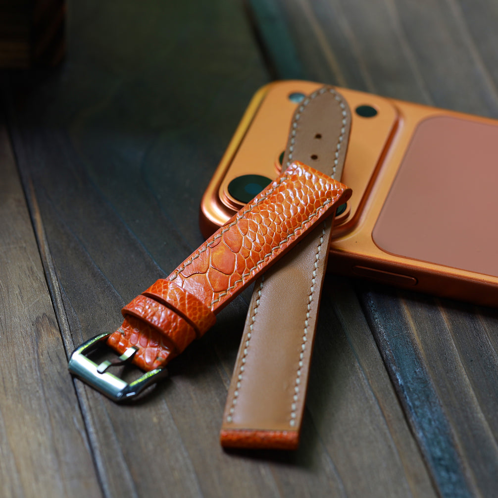 Orange Glossy Ostrich Leg Watch Strap (Scaled)