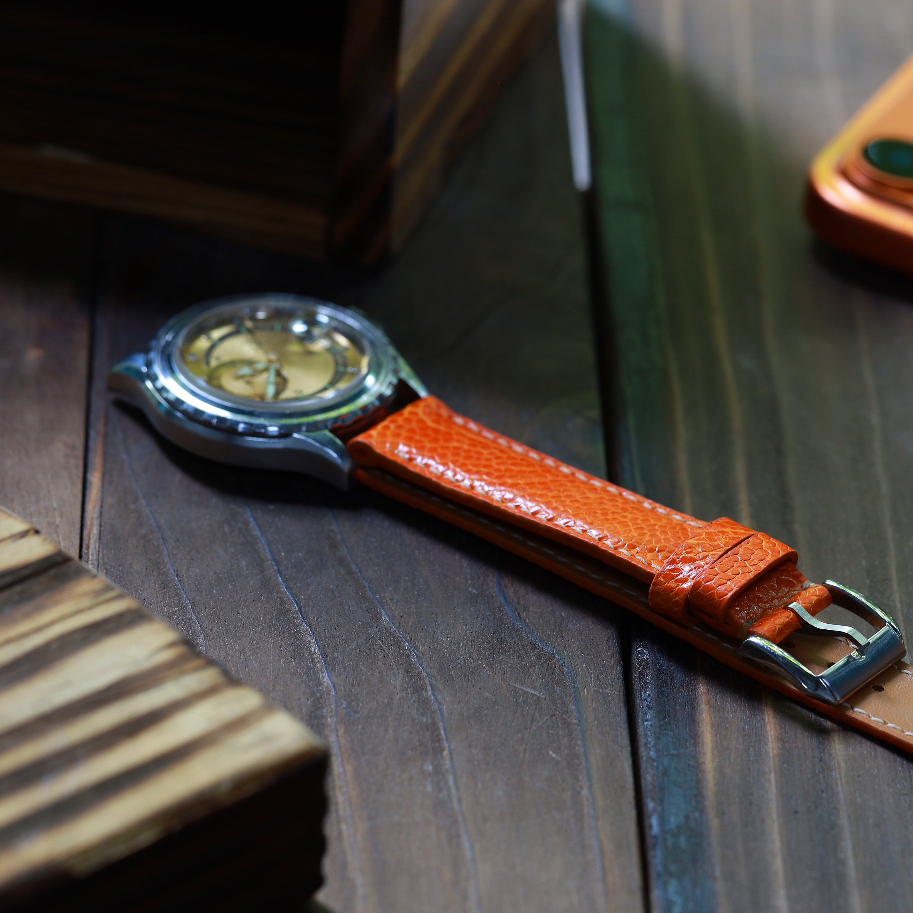 Orange Glossy Ostrich Leg Watch Strap (Smooth)