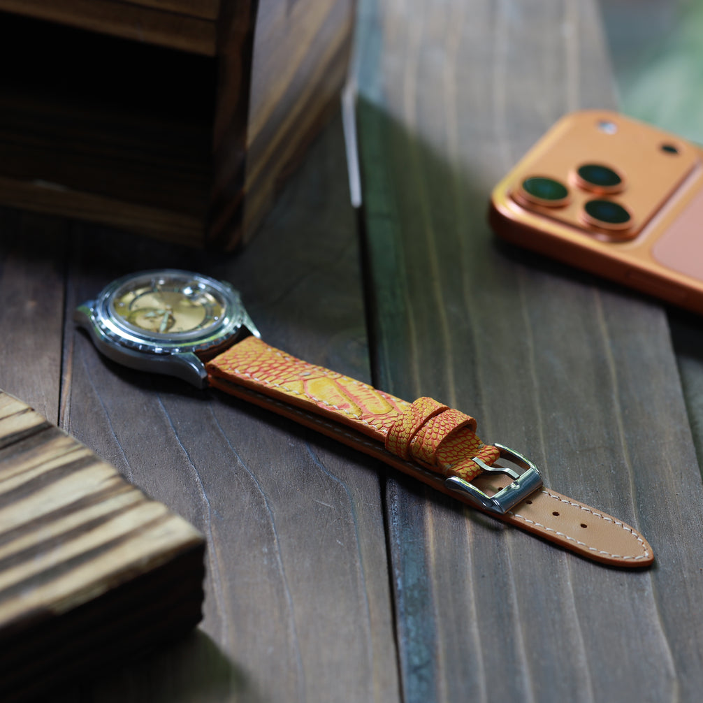 Handcrafted Ostrich Leather Watch Strap: Amber Flame Waxed by Tan