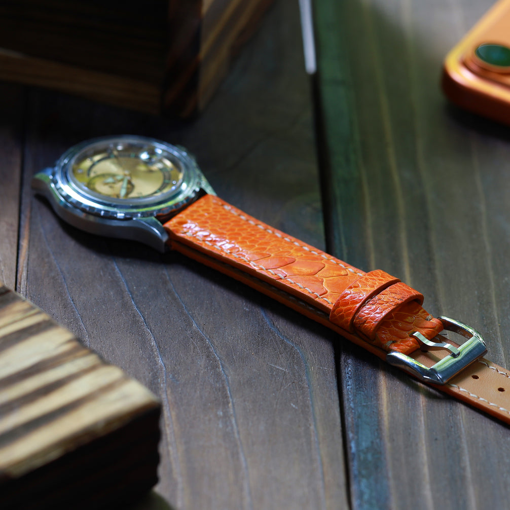 Orange Glossy Ostrich Leg Watch Strap (Scaled)
