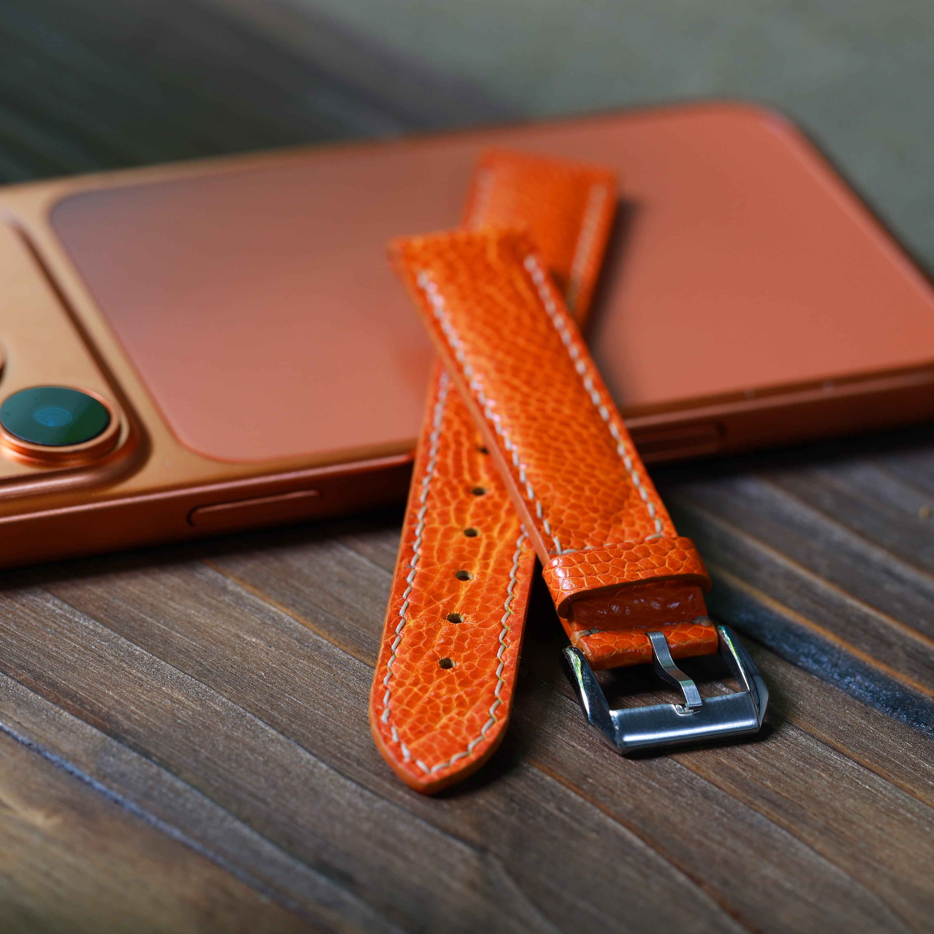 Orange Glossy Ostrich Leg Watch Strap (Smooth)