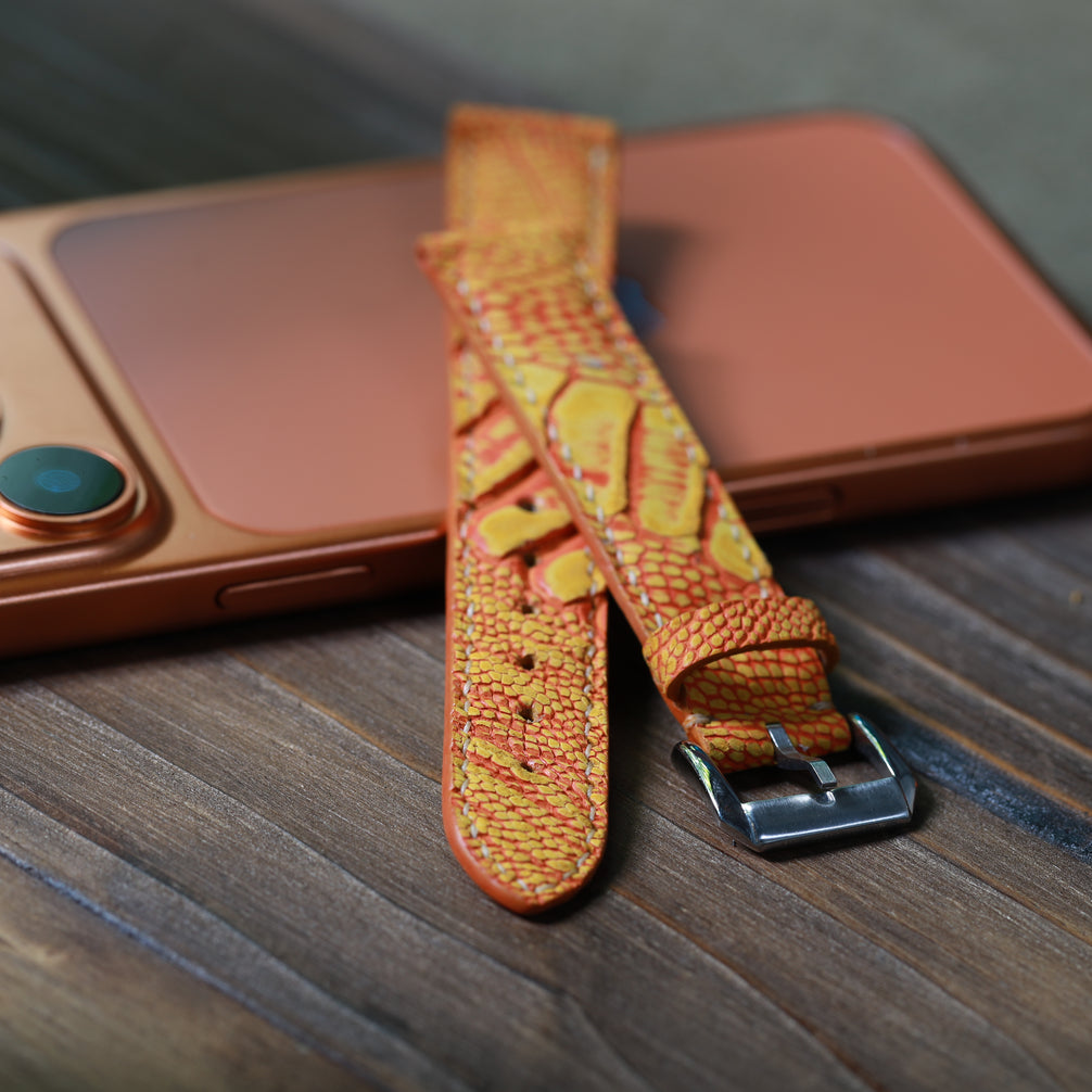 Handcrafted Ostrich Leather Watch Strap: Amber Flame Waxed by Tan