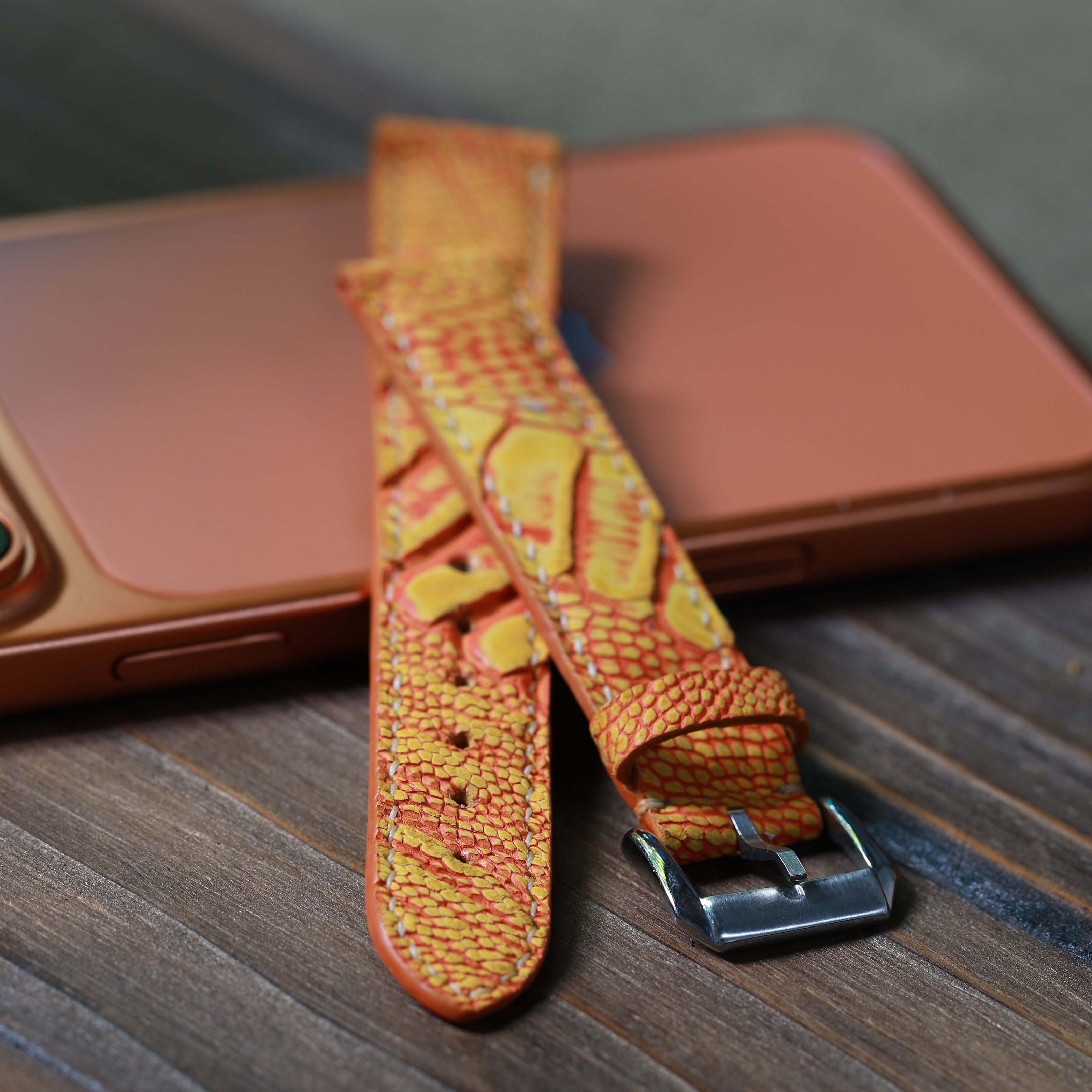 Orange Waxed Ostrich Leg Waxed Leather Watch Strap (Scaled)