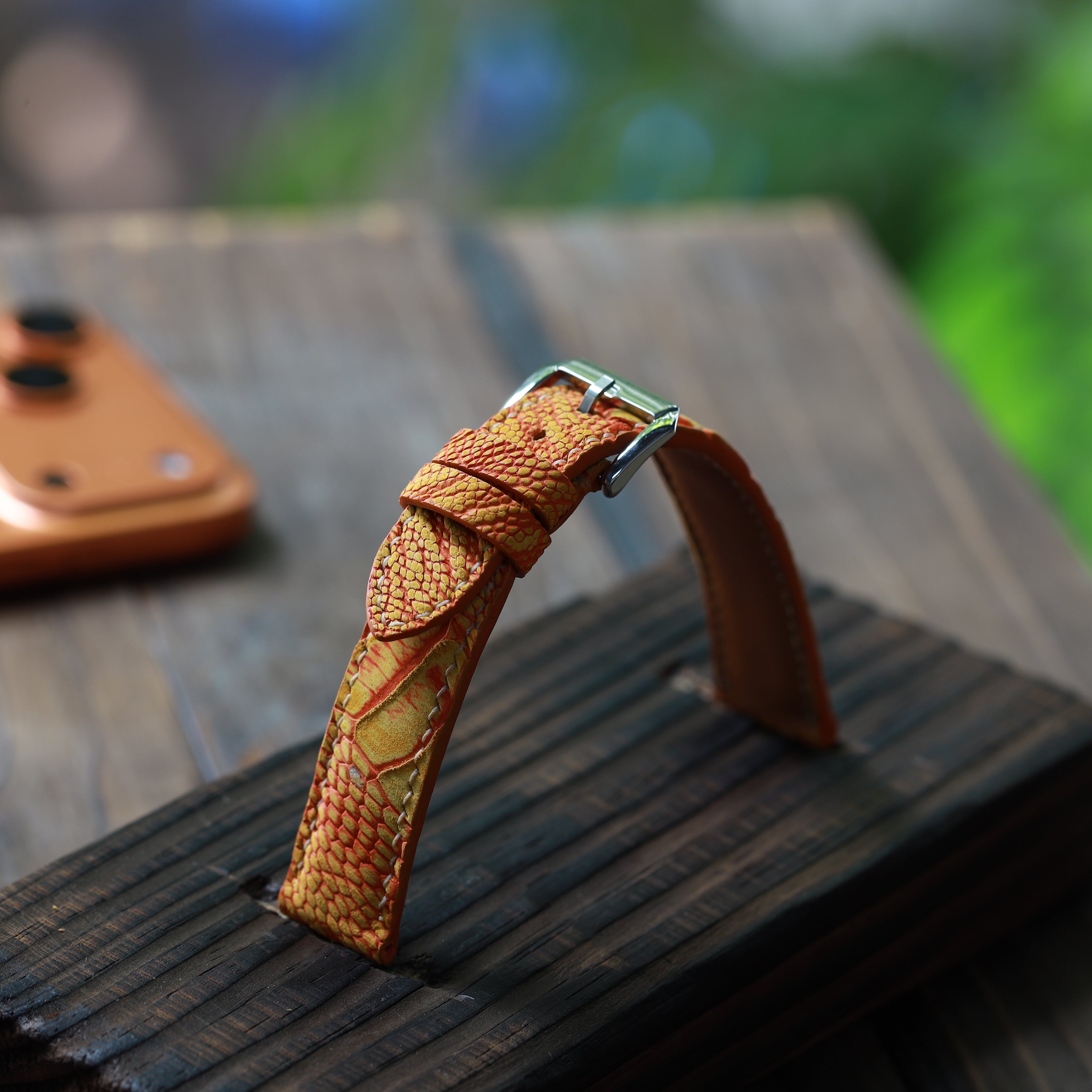 Handcrafted Ostrich Leather Watch Strap: Amber Flame Waxed by Tan