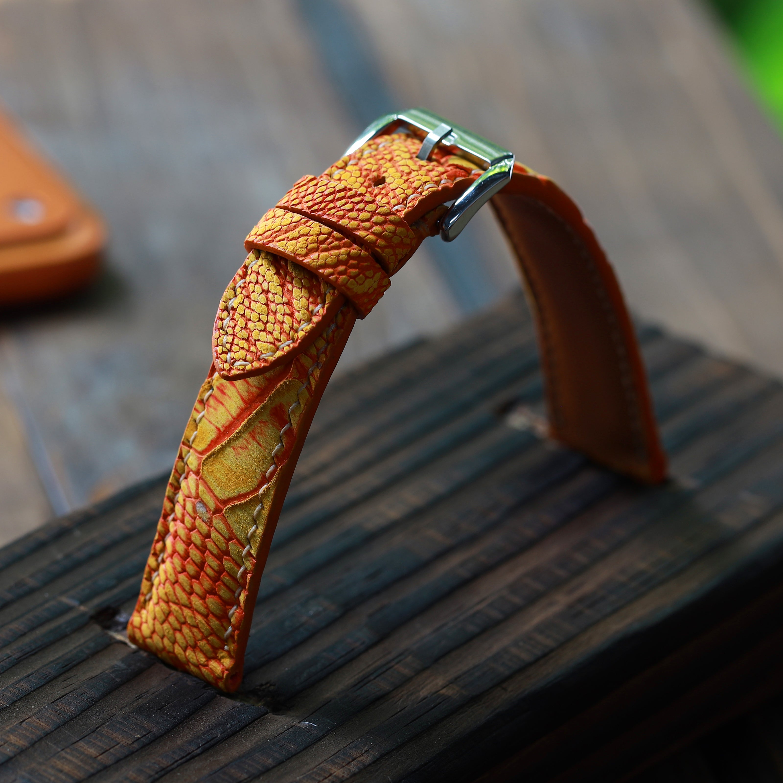 Orange Waxed Ostrich Leg Waxed Leather Watch Strap (Scaled)