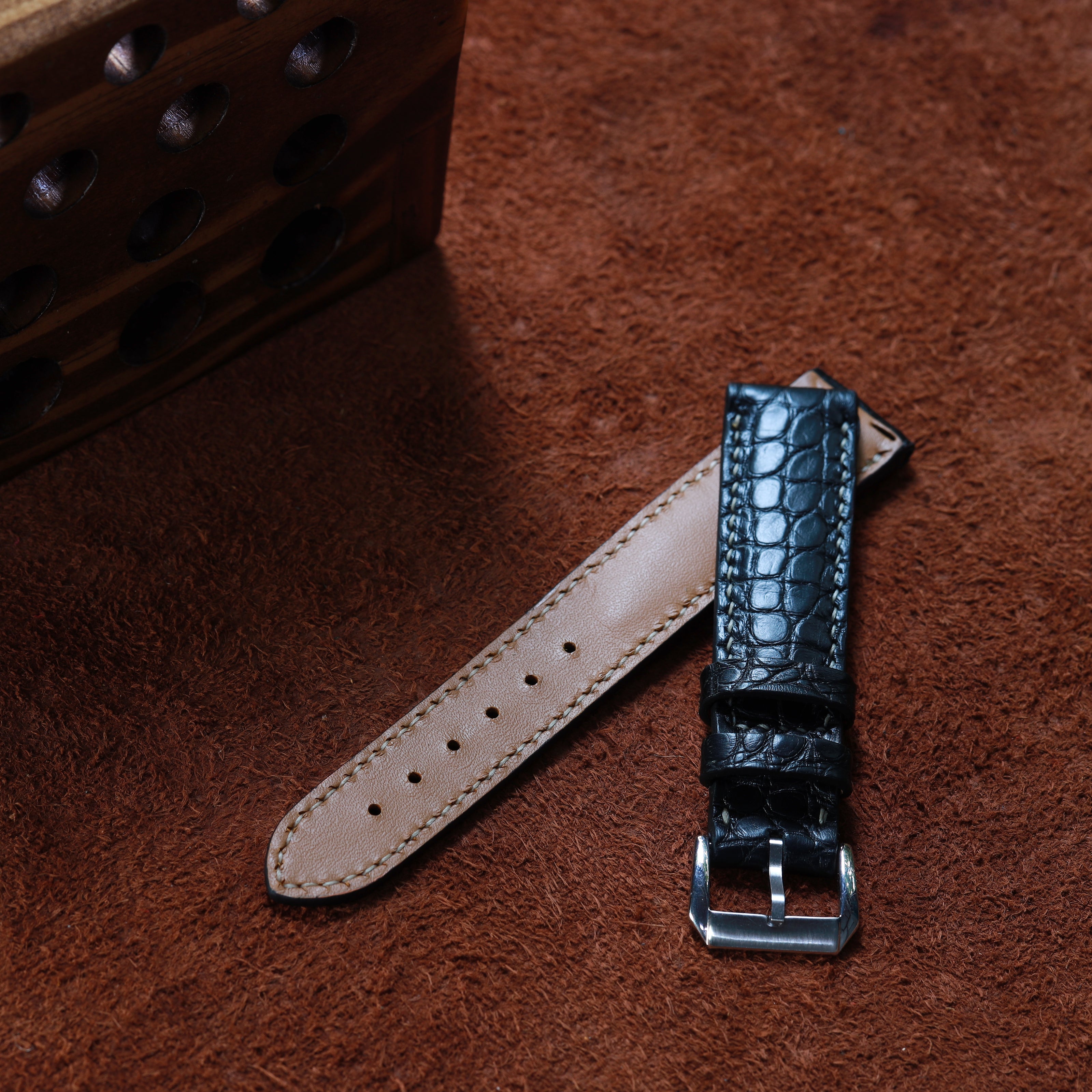 Handcrafted Crocodile Leather Watch Strap with Zermatt Lining (Pointed Tip) by Tan