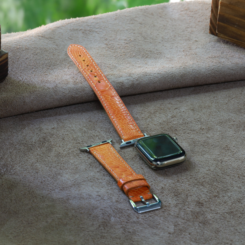 Handcrafted Orange Ostrich Leather Apple Watch Strap