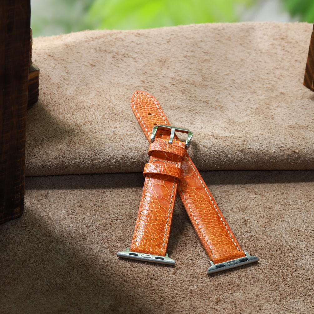 Handcrafted Orange Ostrich Leather Apple Watch Strap
