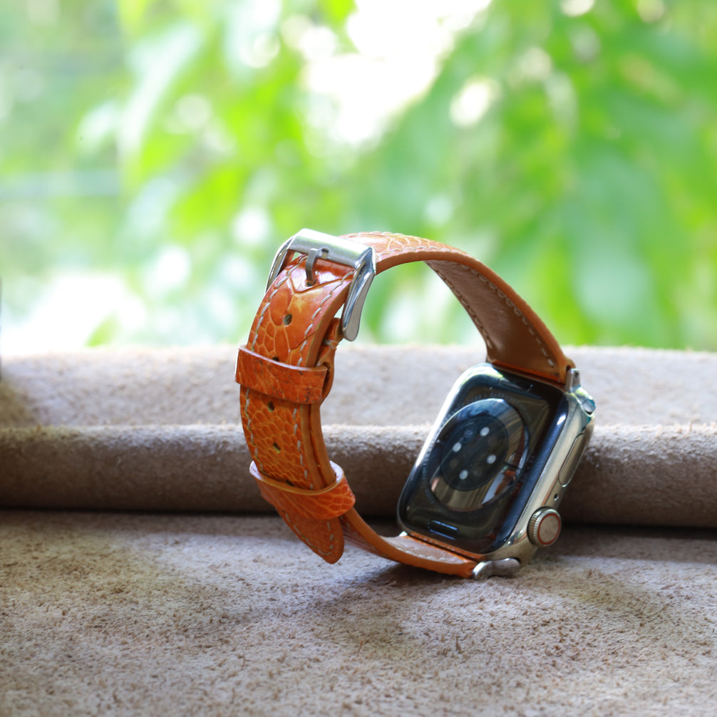 Handcrafted Orange Ostrich Leather Apple Watch Strap