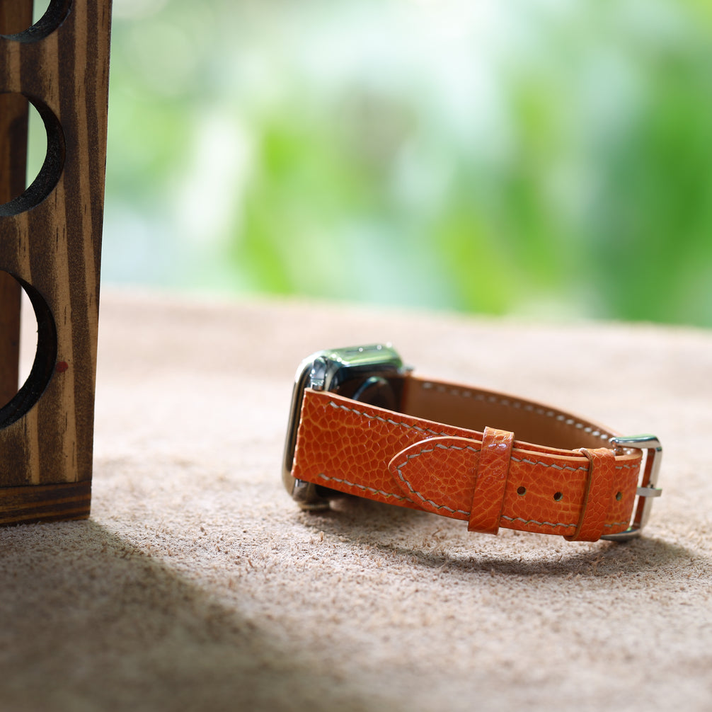 Handcrafted Orange Ostrich Leather Apple Watch Strap