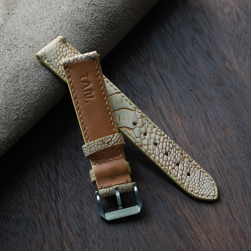 While Waxed Ostrich Leg Leather Watch Strap (Scaled)