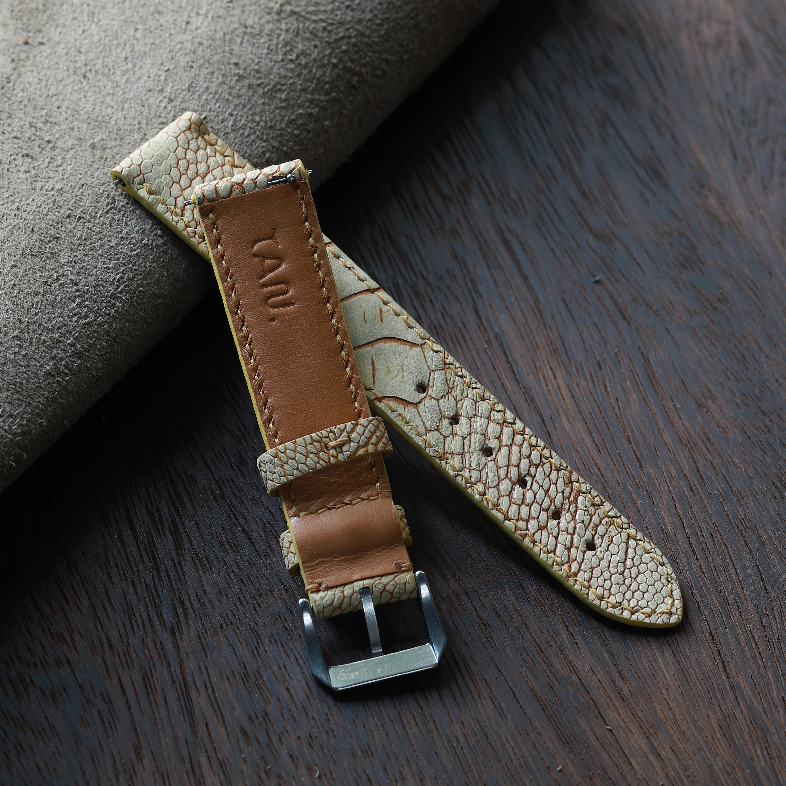 While Waxed Ostrich Leg Leather Watch Strap (Scaled)