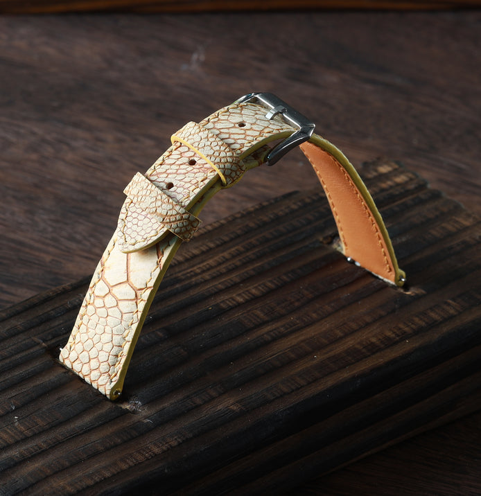 While Waxed Ostrich Leg Leather Watch Strap (Scaled)