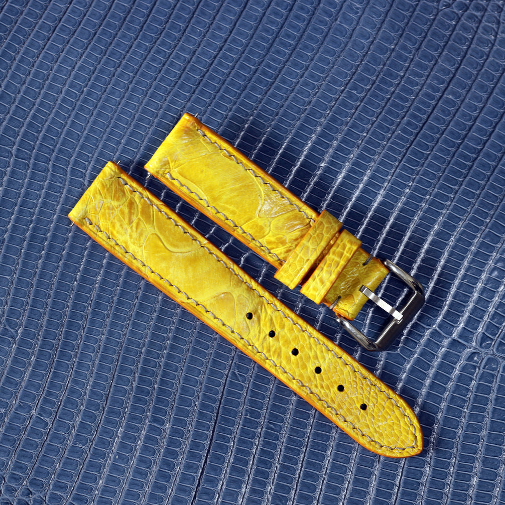 Mustard Yellow Glossy Ostrich Leg Watch Strap (Scaled)