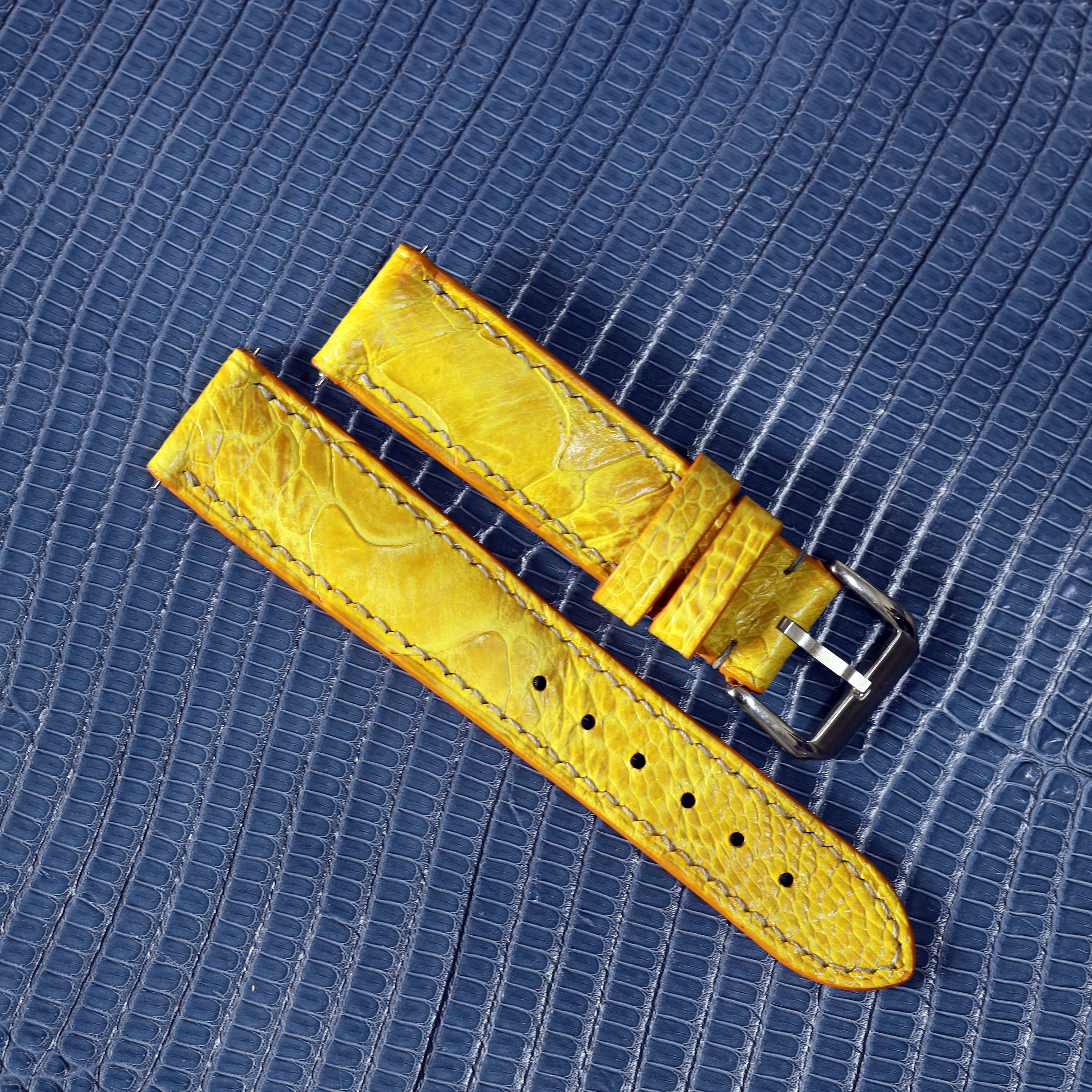 Mustard Yellow Glossy Ostrich Leg Watch Strap (Scaled)