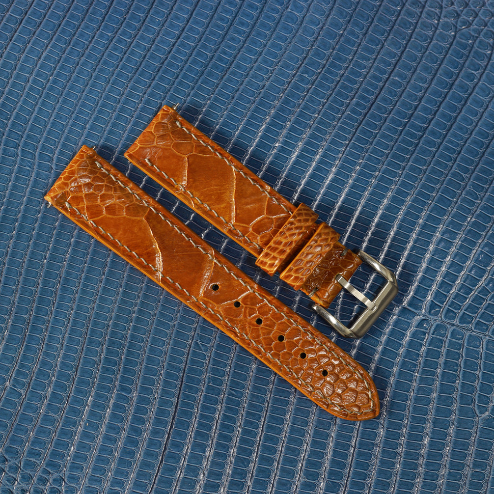 Cognac Brown Glossy Ostrich Leg Watch Strap (Scaled)
