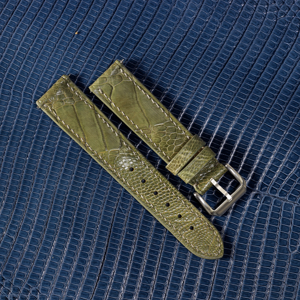 Olive Green Glossy Ostrich Leg Watch Strap (Scaled)