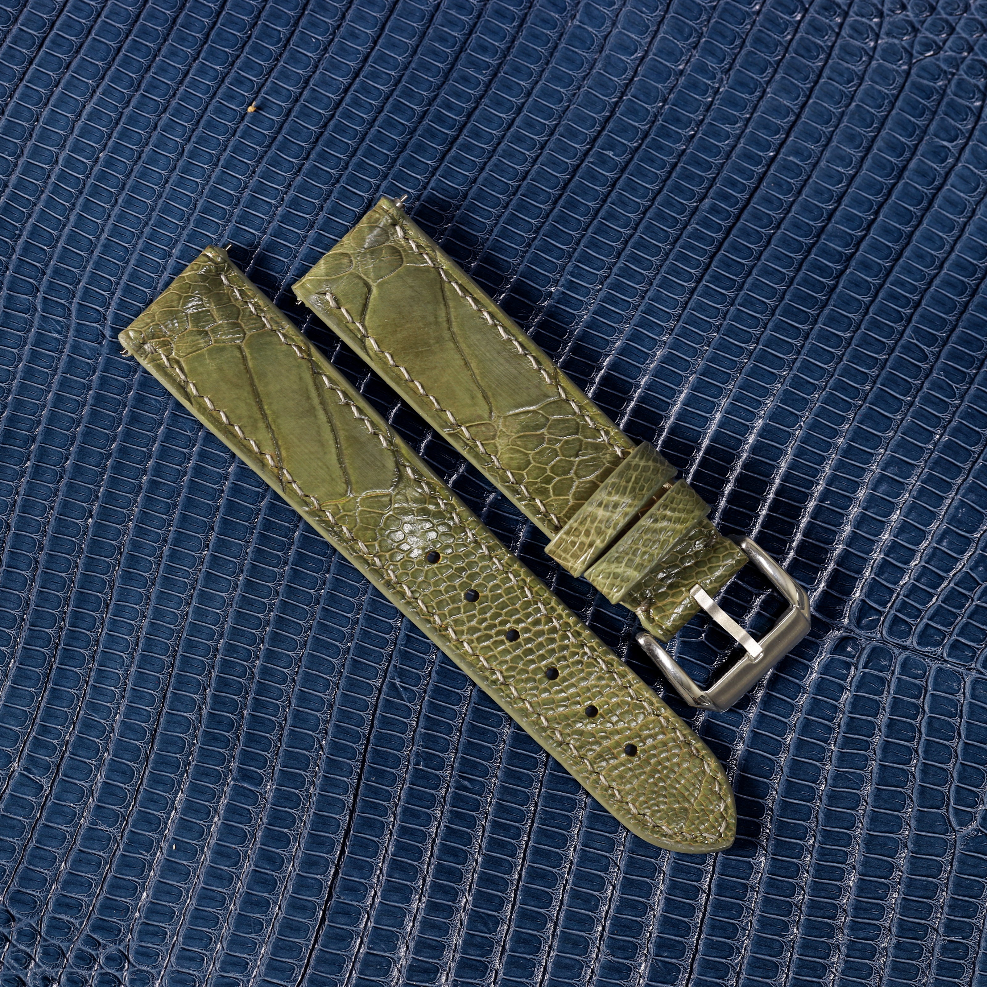 Olive Green Glossy Ostrich Leg Watch Strap (Scaled)