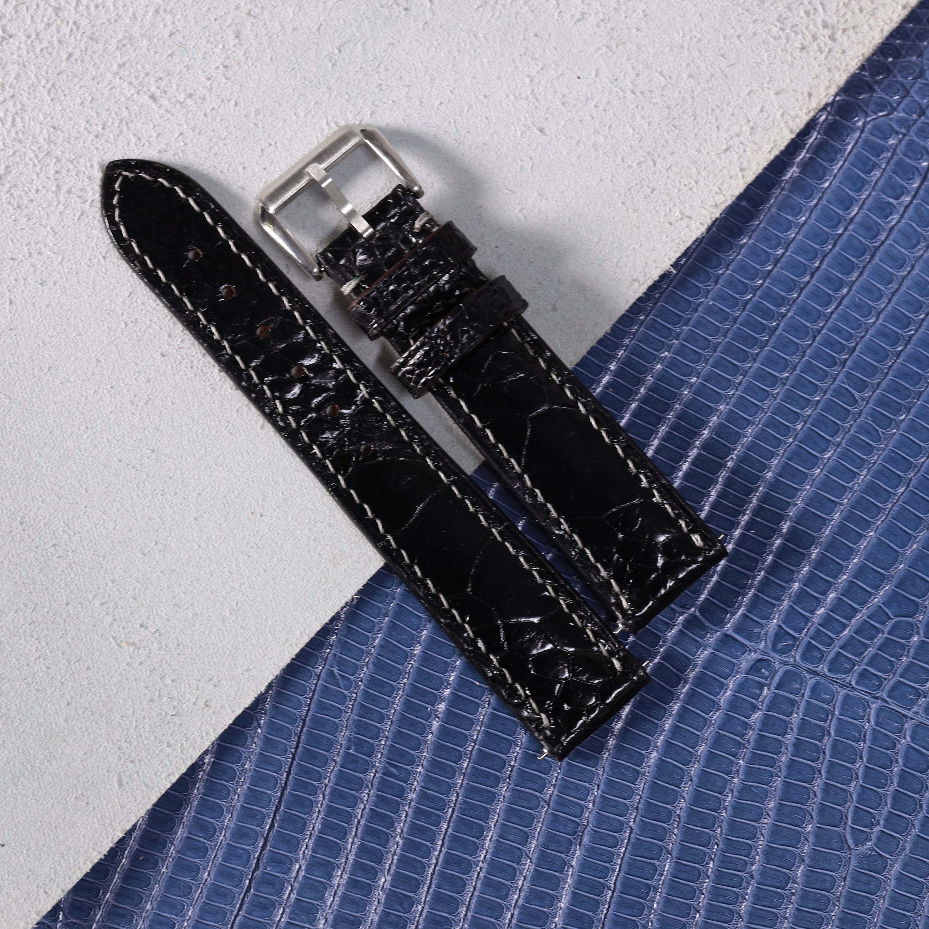 Classic Black Glossy Ostrich Leg Watch Strap (Scaled)