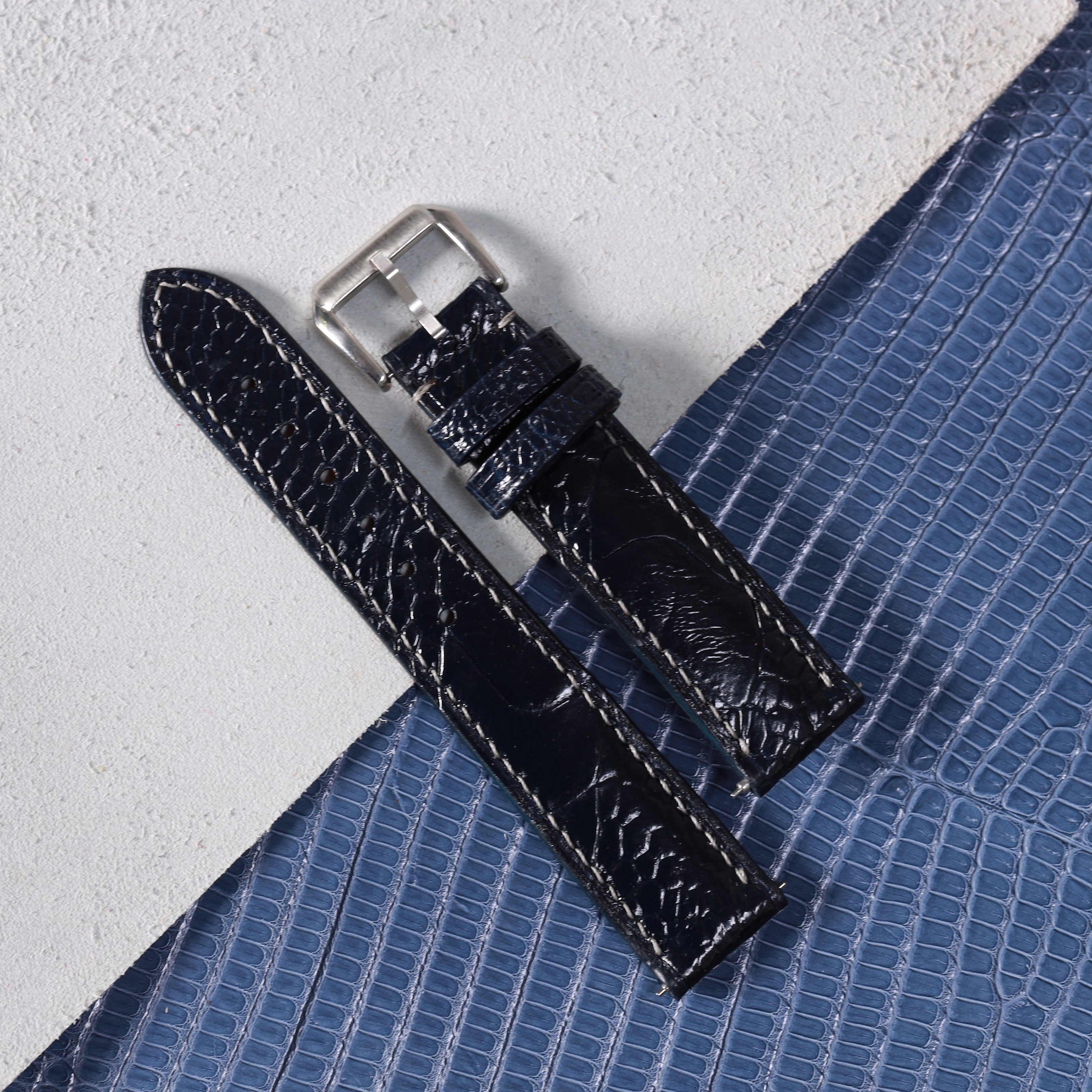 Deep Navy Glossy Ostrich Leg Watch Strap (Scaled)