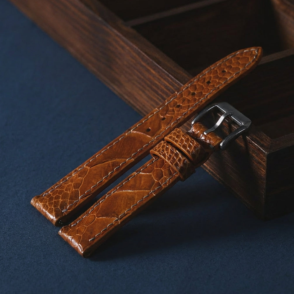 Cognac Brown Glossy Ostrich Leg Watch Strap (Scaled)