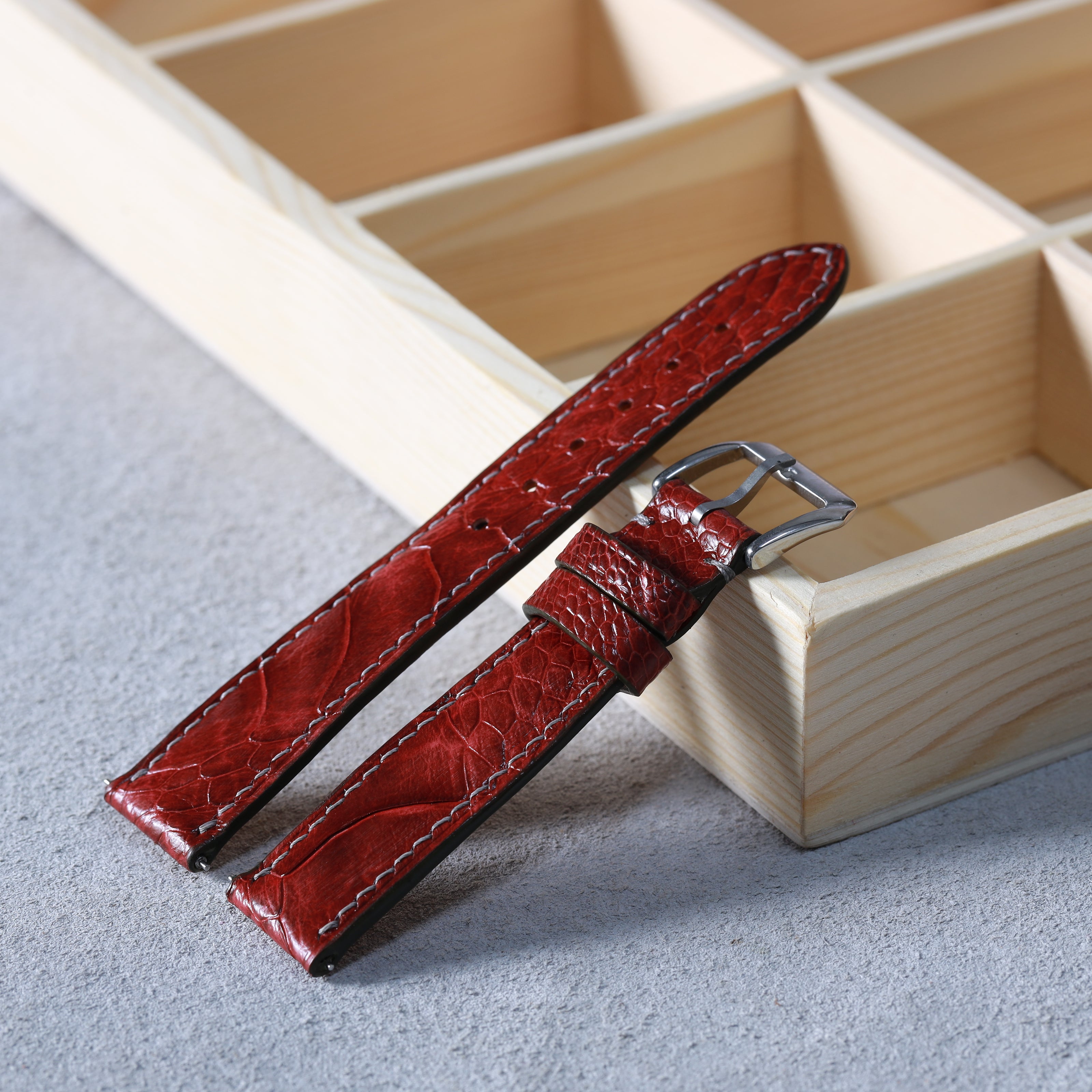 Burgundy Glossy Ostrich Leg Watch Strap (Scaled)
