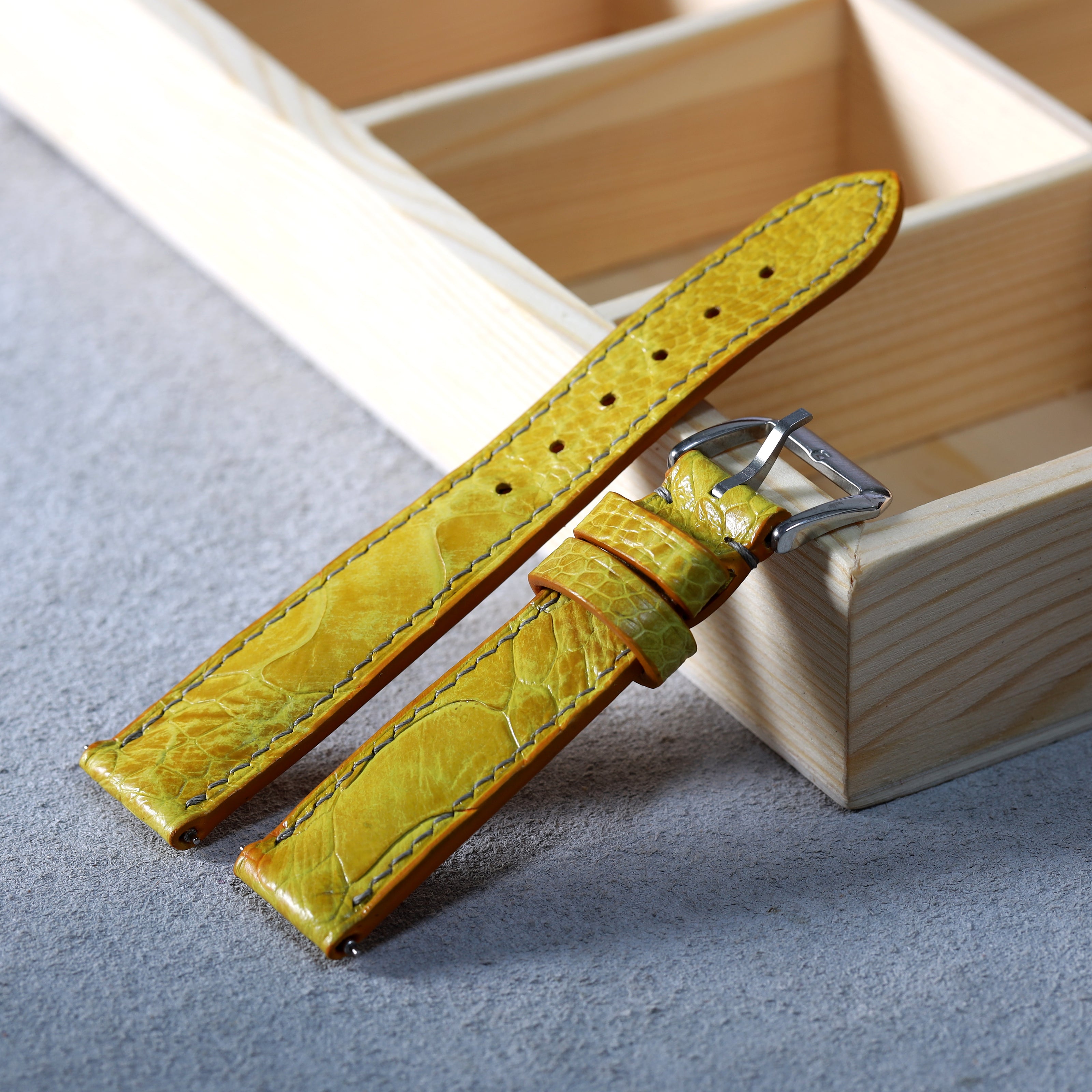 Mustard Yellow Glossy Ostrich Leg Watch Strap (Scaled)