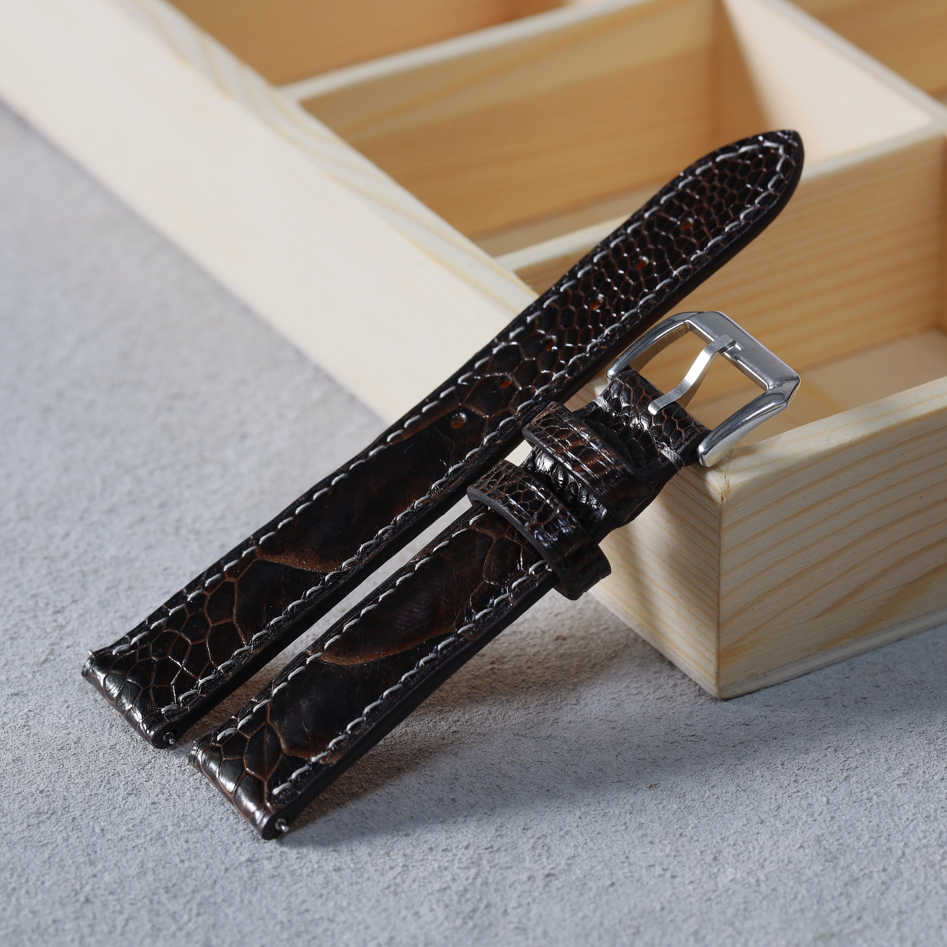 Dark Chocolate Brown Glossy Ostrich Leg Watch Strap (Scaled)