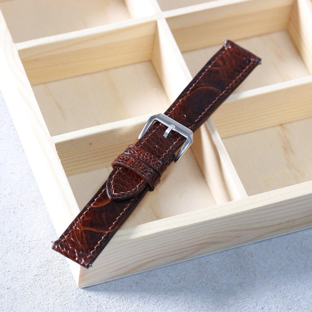 Chocolate Brown Glossy Ostrich Leg Watch Strap (Scaled)