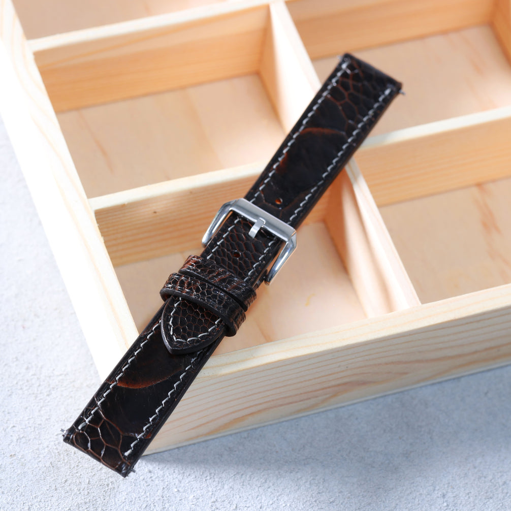 Dark Chocolate Brown Glossy Ostrich Leg Watch Strap (Scaled)