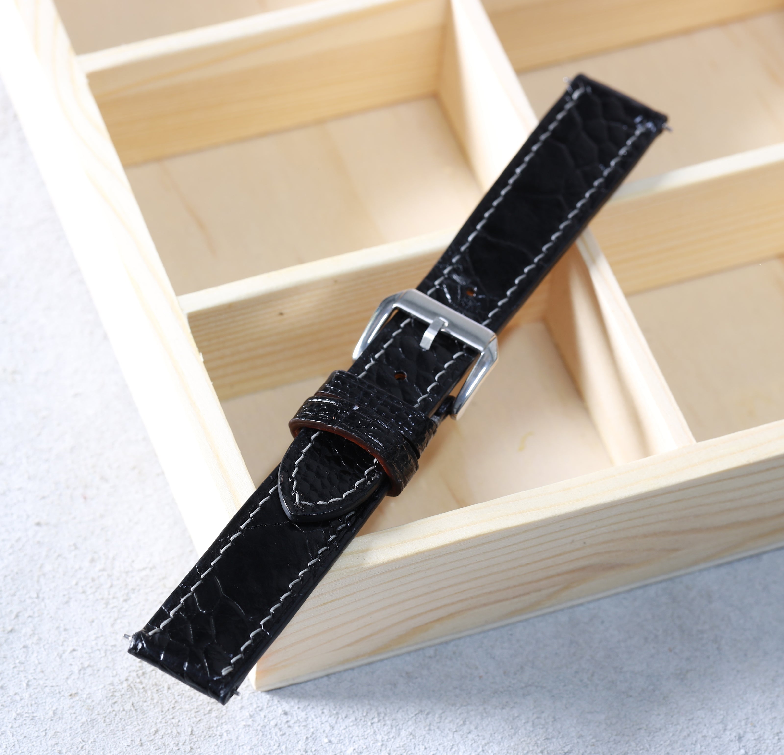 Classic Black Glossy Ostrich Leg Watch Strap (Scaled)