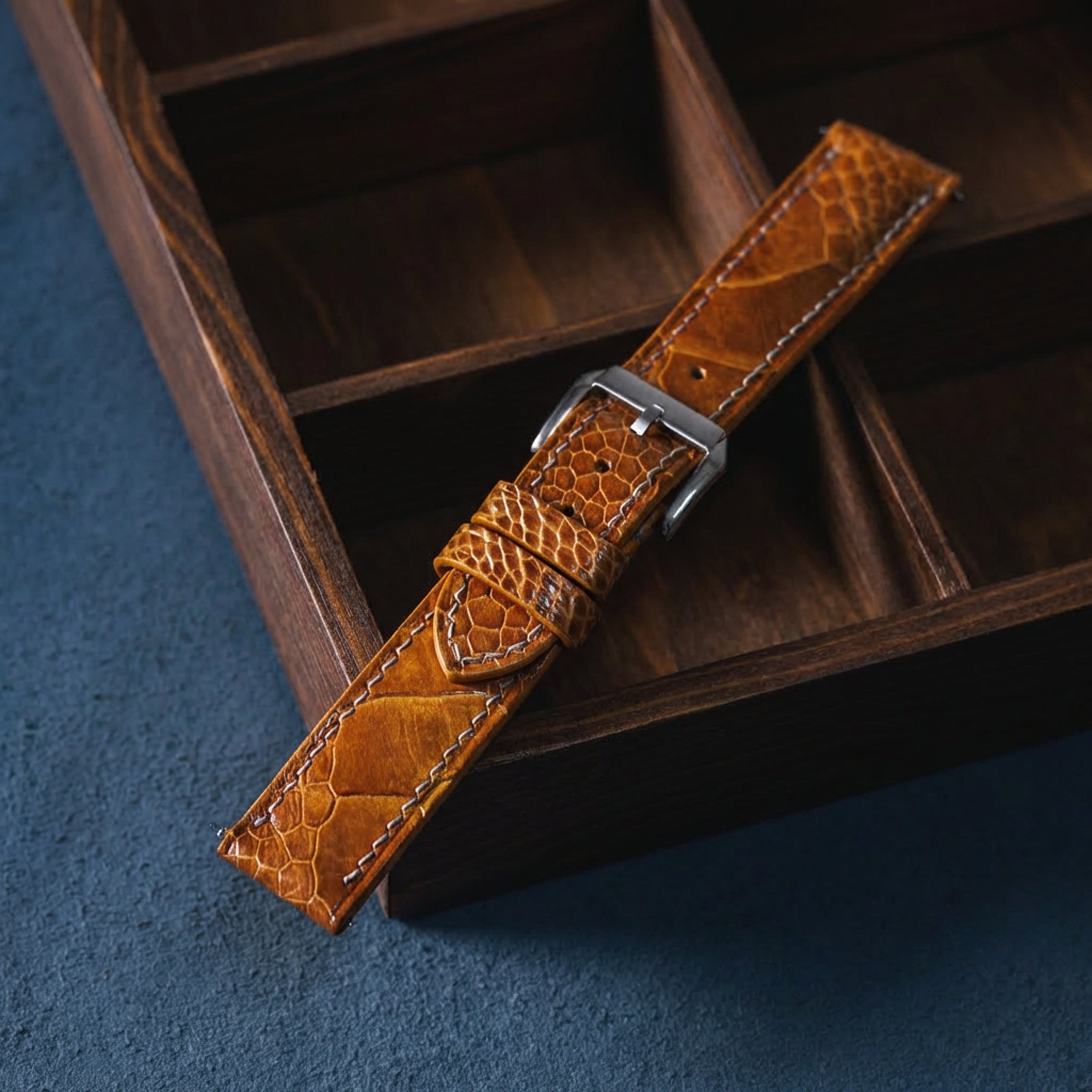 Cognac Brown Glossy Ostrich Leg Watch Strap (Scaled)