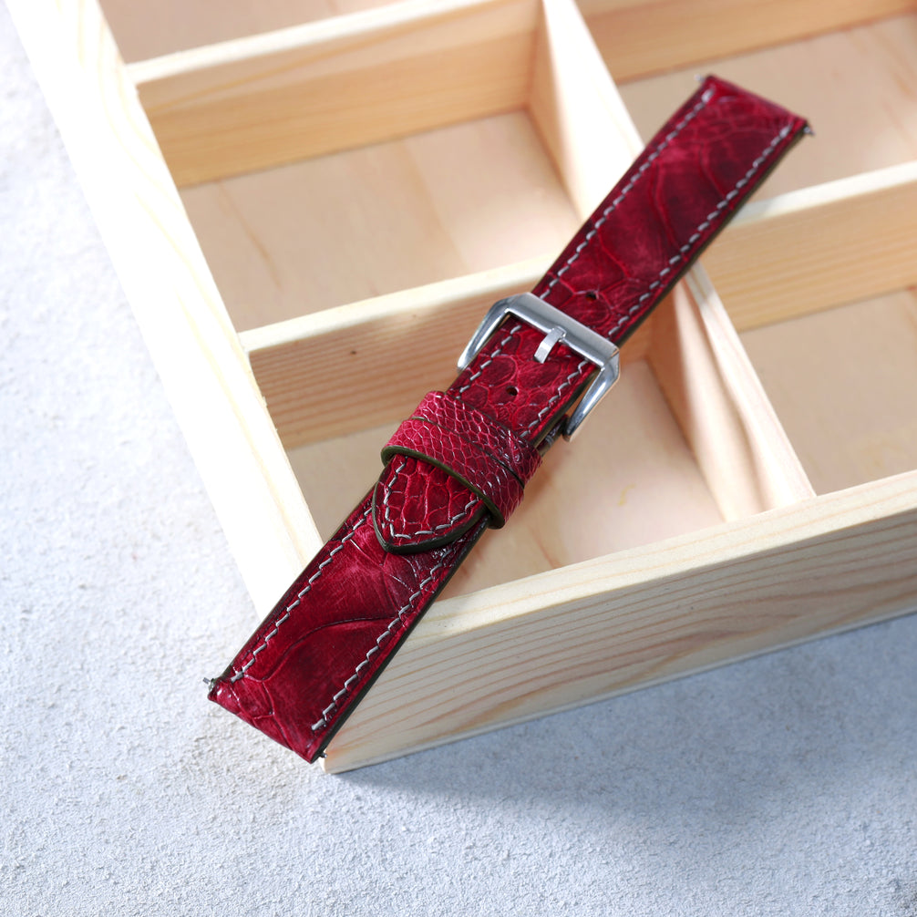 Burgundy Glossy Ostrich Leg Watch Strap (Scaled)