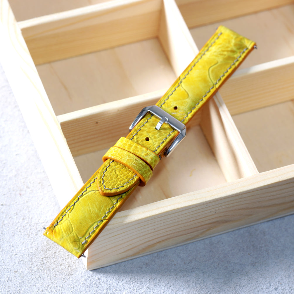 Mustard Yellow Glossy Ostrich Leg Watch Strap (Scaled)