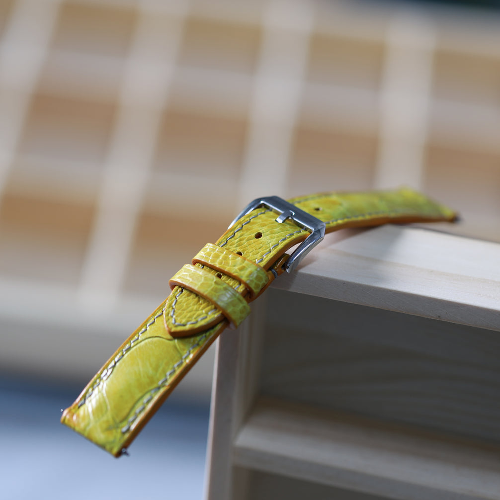 Mustard Yellow Glossy Ostrich Leg Watch Strap (Scaled)