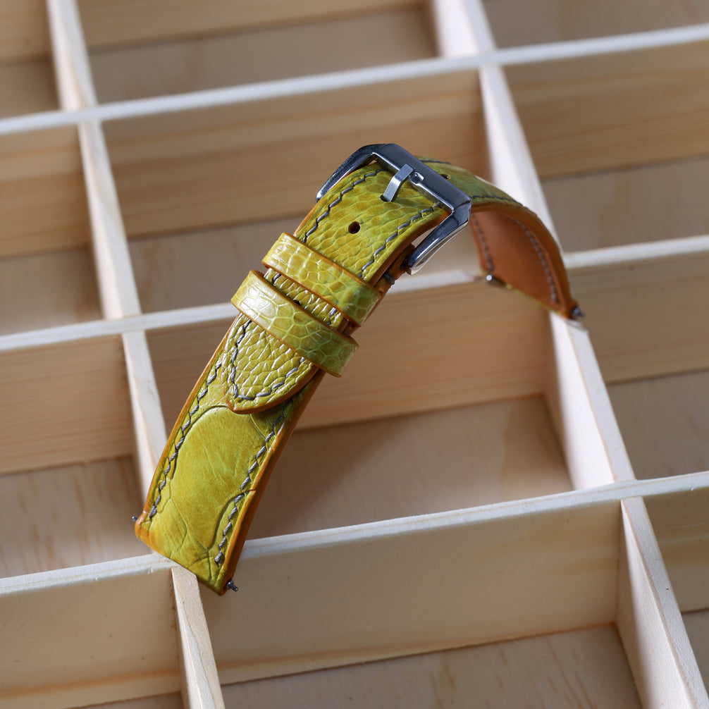 Mustard Yellow Glossy Ostrich Leg Watch Strap (Scaled)