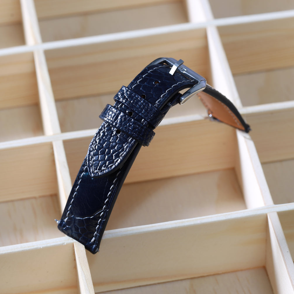 Deep Navy Glossy Ostrich Leg Watch Strap (Scaled)