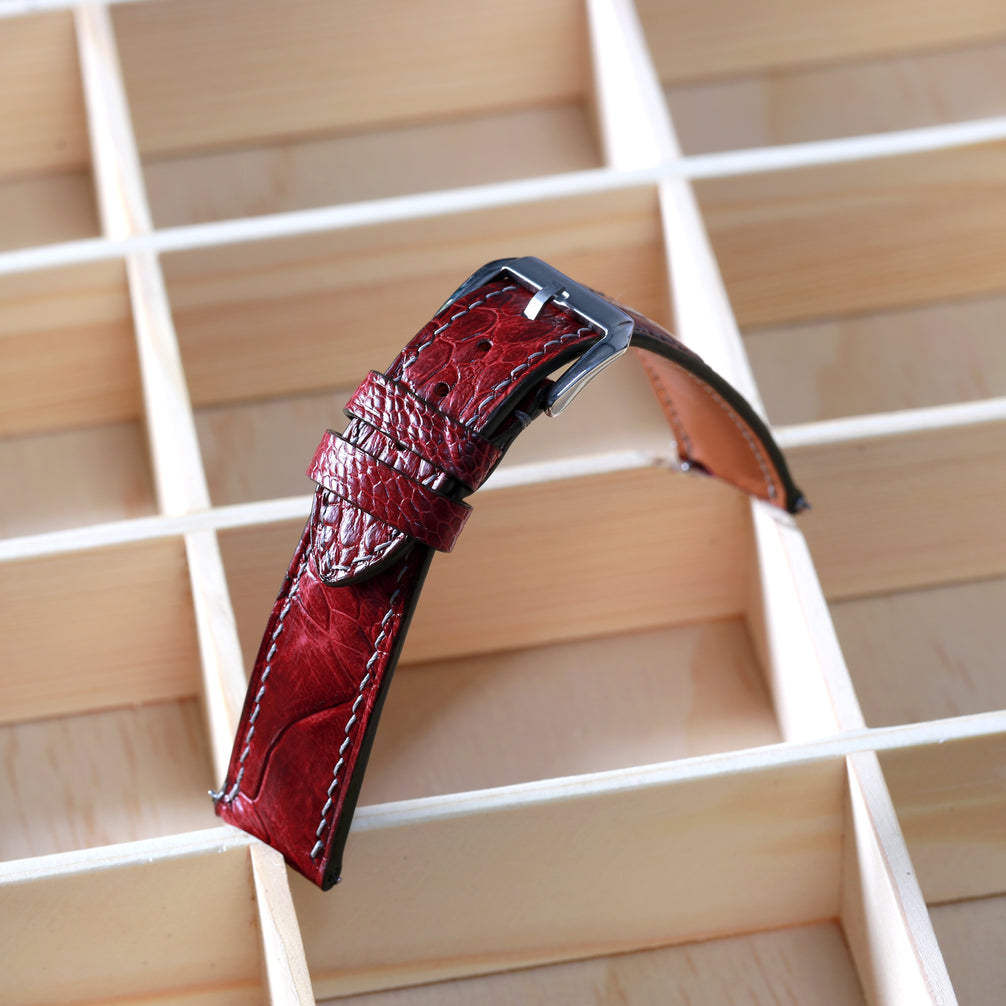 Burgundy Glossy Ostrich Leg Watch Strap (Scaled)
