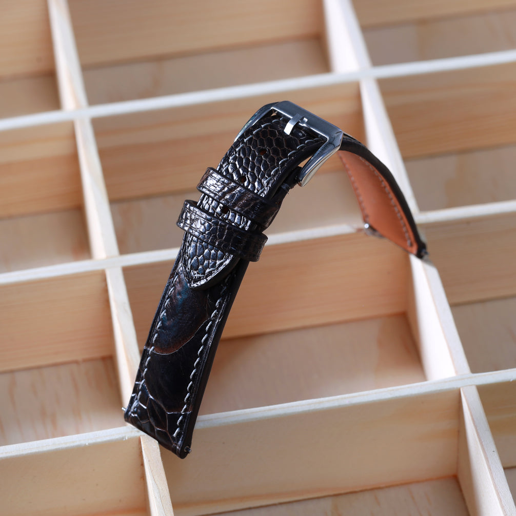 Dark Chocolate Brown Glossy Ostrich Leg Watch Strap (Scaled)