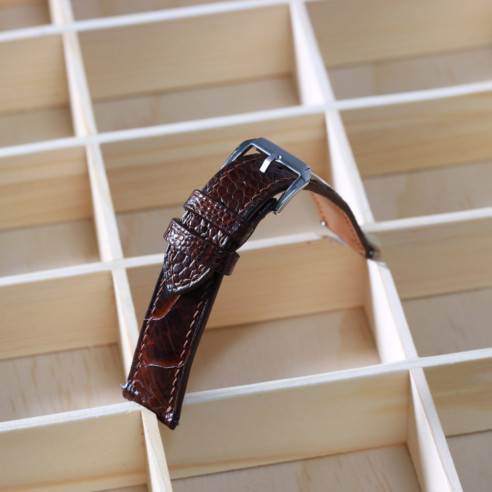 Chocolate Brown Glossy Ostrich Leg Watch Strap (Scaled)