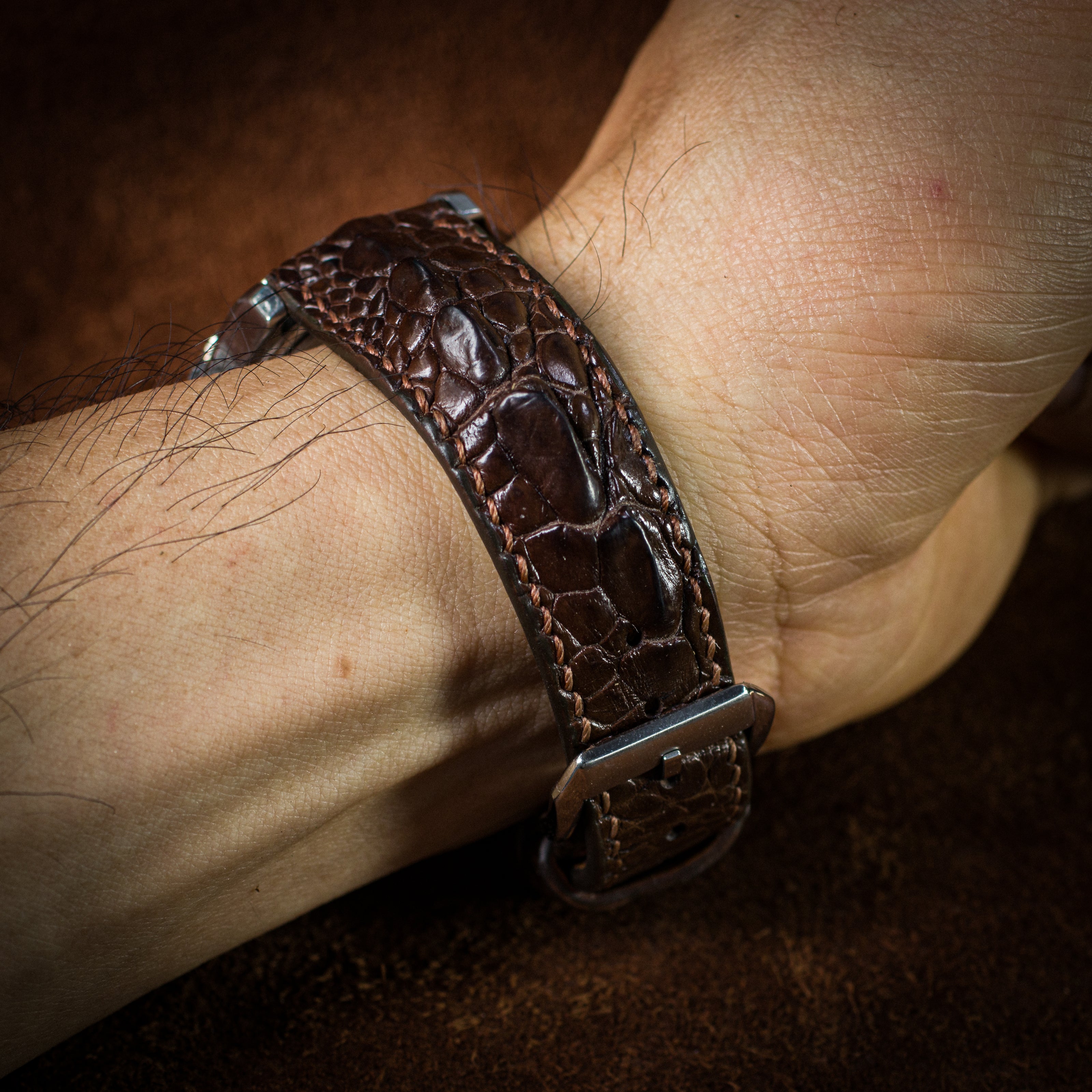 Brown Horned Alligator Leg Stitched Strap