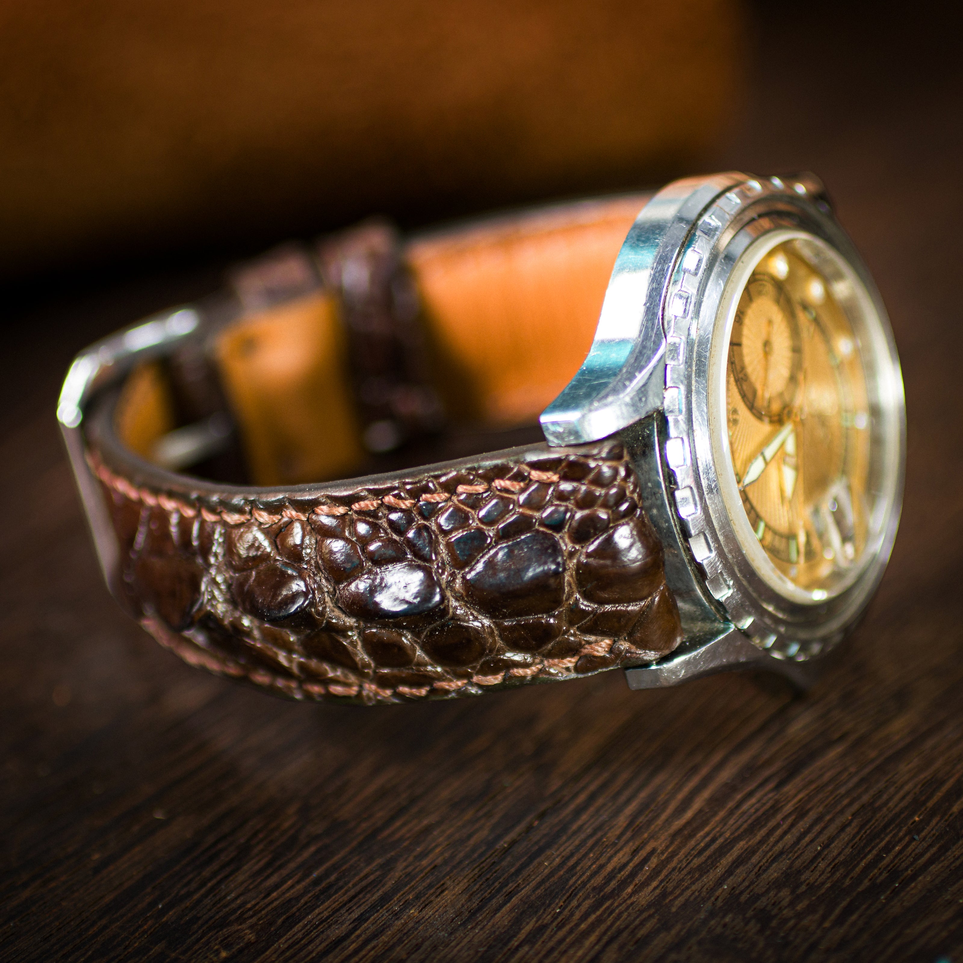Brown Horned Alligator Leg Stitched Strap